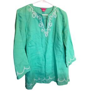 Sunny Leigh Boho Lagen‎ Look Top L Womens Linen Green Embroidered Lagen Look
